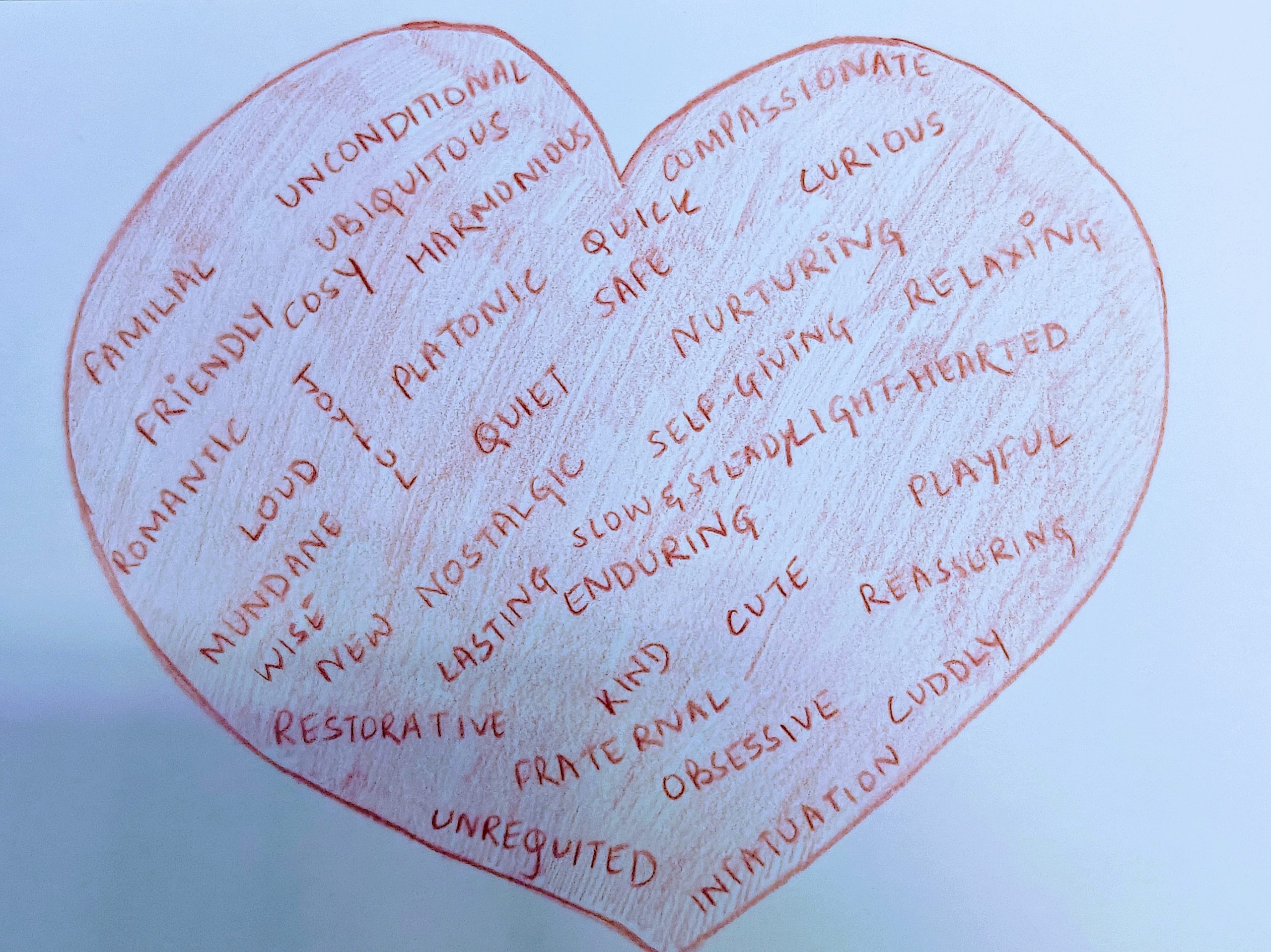 A pictorial representation of love that exists in different forms. A huge red heart comprising the different ways in which it exists.